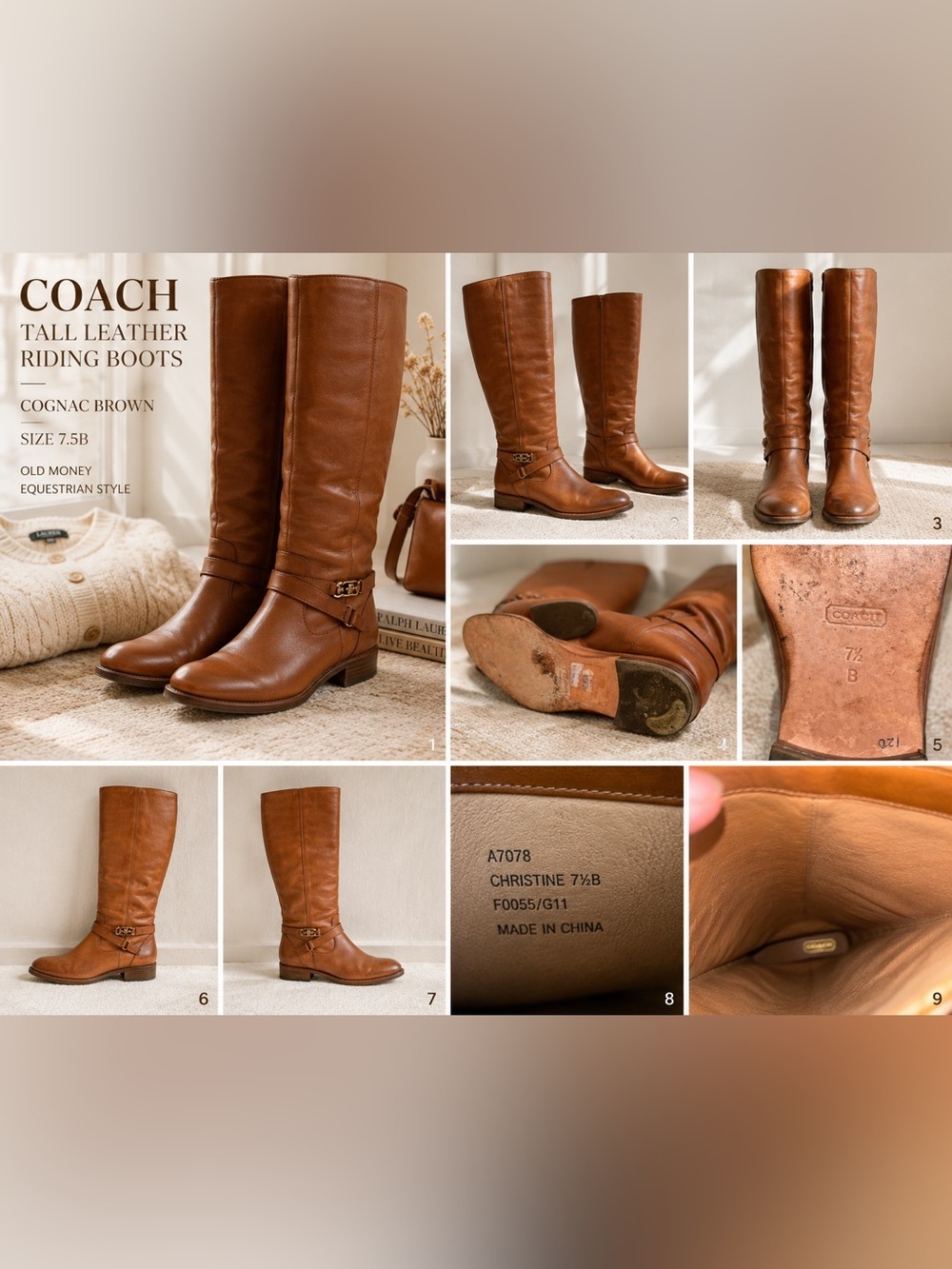 Coach Christine Tall Leather Riding Boots Cognac Brown 7.5B Old Money Equestrian